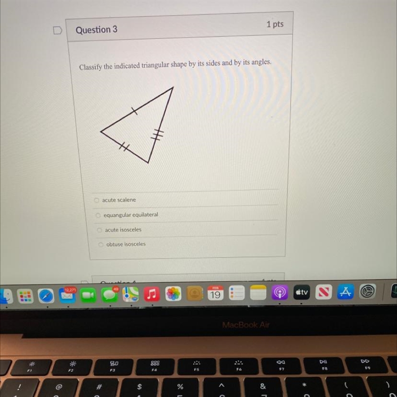 Classify the indicated triangular shape by its sides and by its angles. acute scalene-example-1