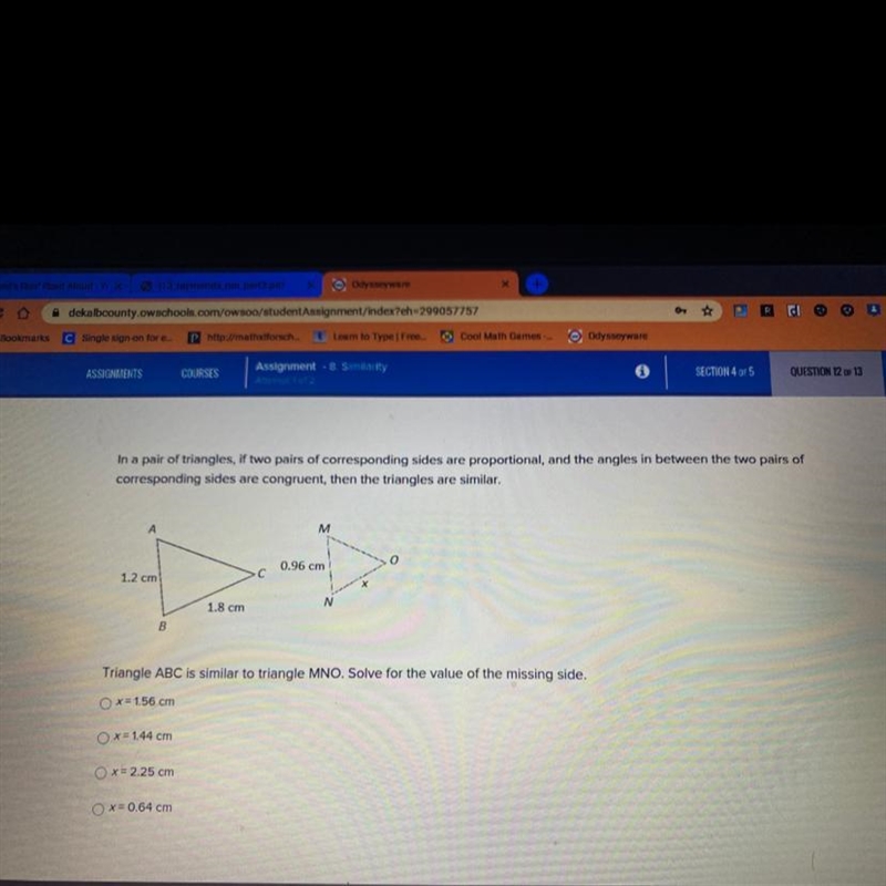 X=1.56 cm X=1.44cm X=2.25cm X=0.64-example-1