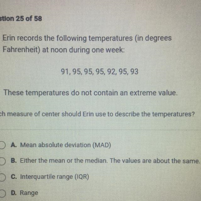 Erin records the following temperatures (in degrees Fahrenheit) at noon during one-example-1