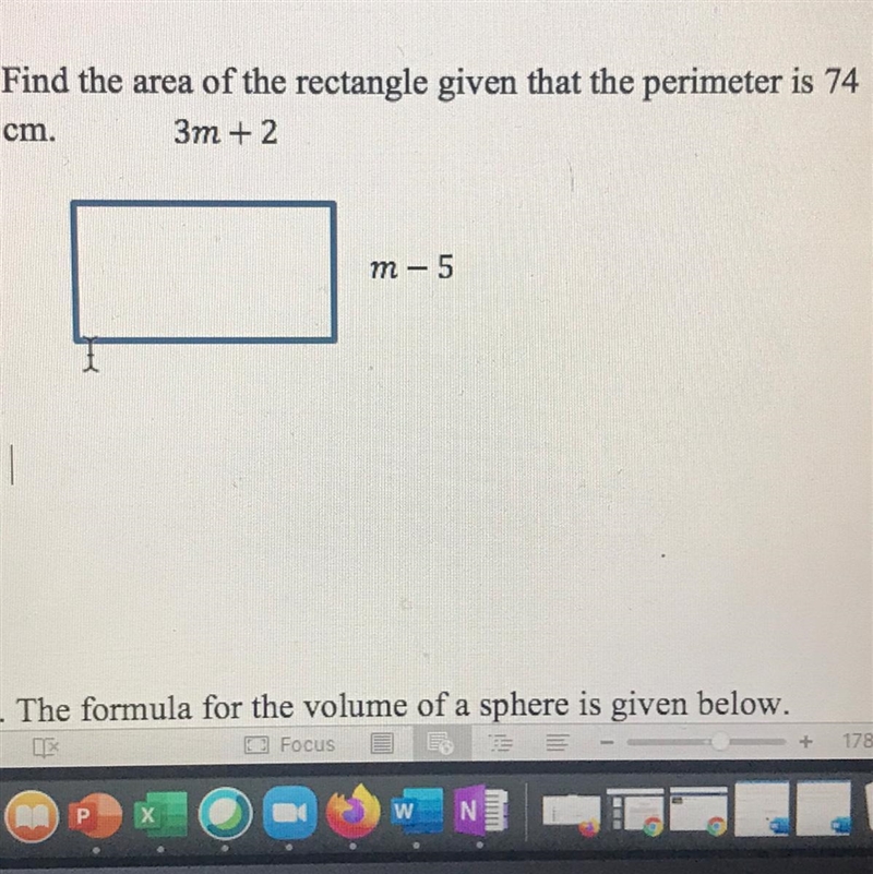 Find the area of the rectangle given that the perimeter is 74 cm. 3m +2 m - 5-example-1