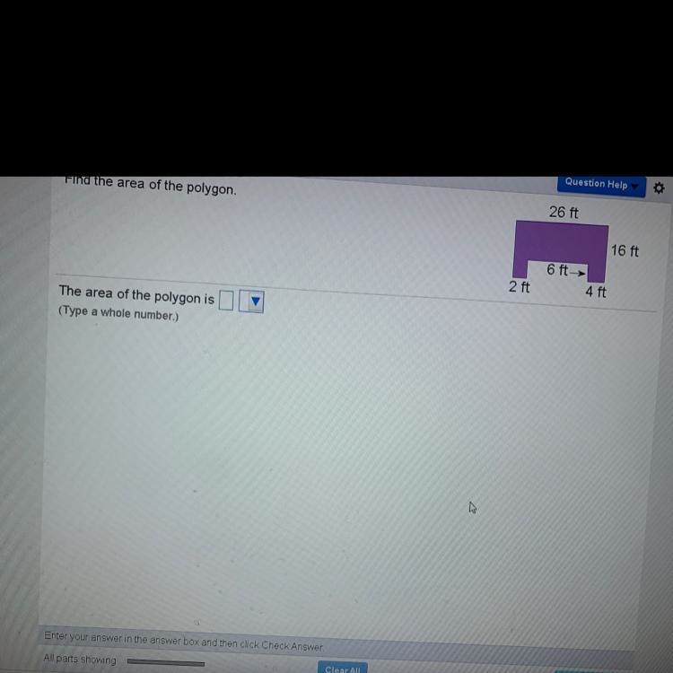 Find the area of the polygon. 26ft. 16ft. 6ft. 2ft. 4ft.-example-1