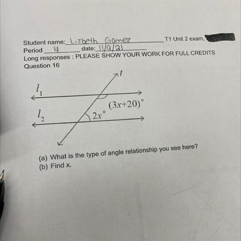 1 1 1 (3x+20) 2.rº (a) What is the type of angle relationship you see here? (b) Find-example-1