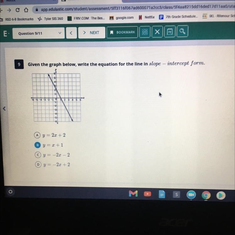 Given the graph below, write the equation for the line in slope - intercept form. 1 2 A-example-1