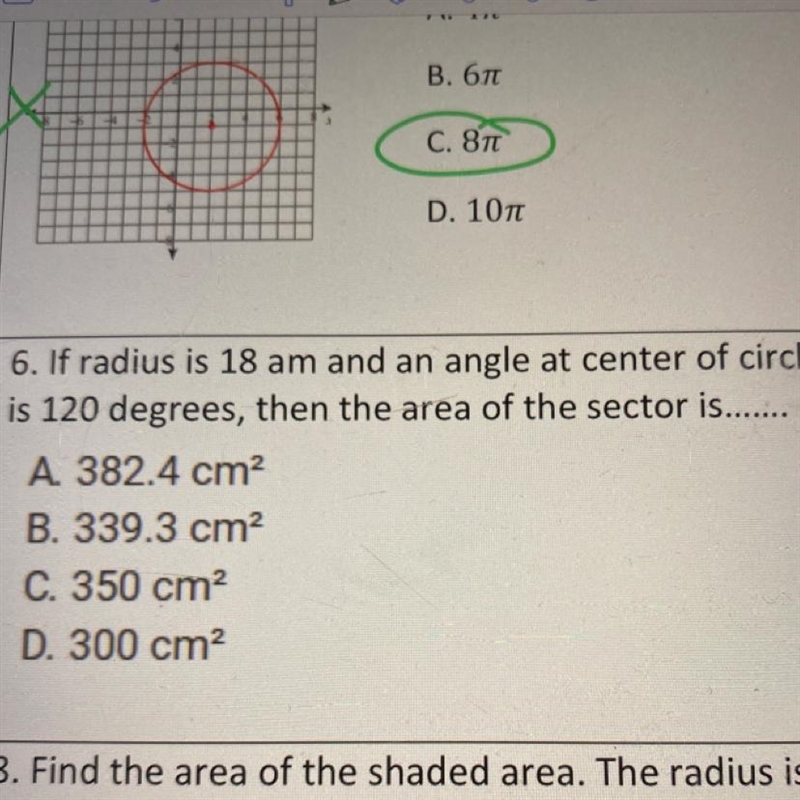 6. If radius is 18 am and an angle at center of circle is 120 degrees, then the area-example-1