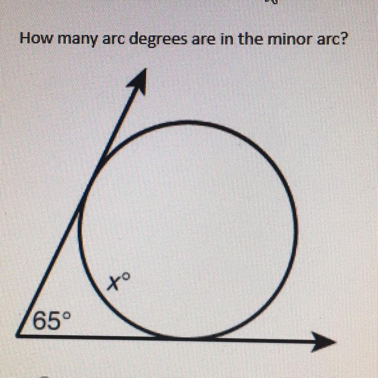 How many arc degrees are in the minor arc? - 32.5 degrees - 65 degrees - 115 degrees-example-1