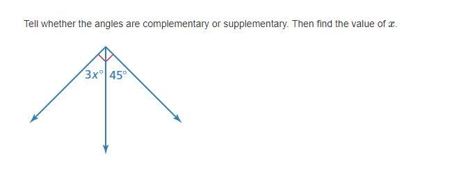 Tell whether the angles are complementary or supplementary. Then find the value of-example-1