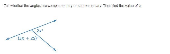 Tell whether the angles are complementary or supplementary. Then find the value of-example-3