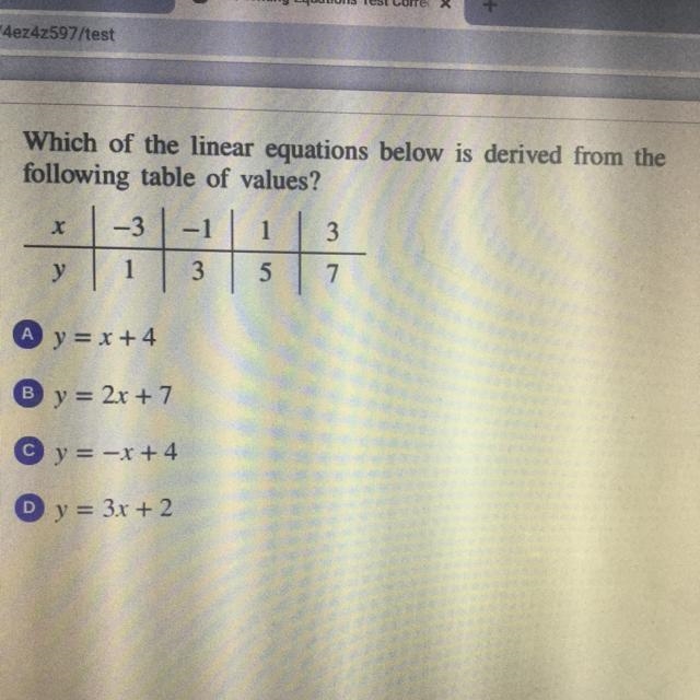 Which of the linear equations below is derived from the following table of values-example-1