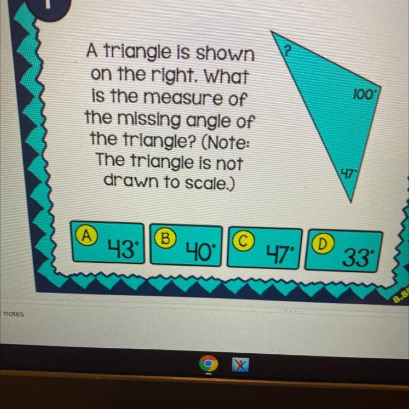 A triangle is shown on the right. What is the measure of the missing angle of the-example-1