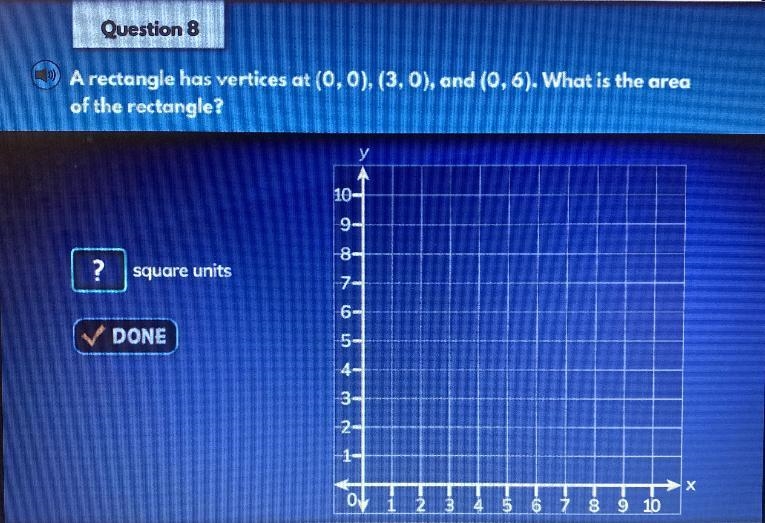 Question 8 A rectangle has vertices at (0,0), (3,0), and (0,6). What is the area of-example-1