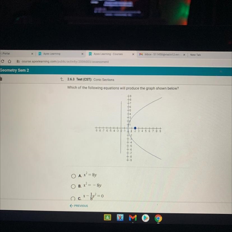 Which of the following equations will produce the graph shown below? A. x^2 = 8y B-example-1