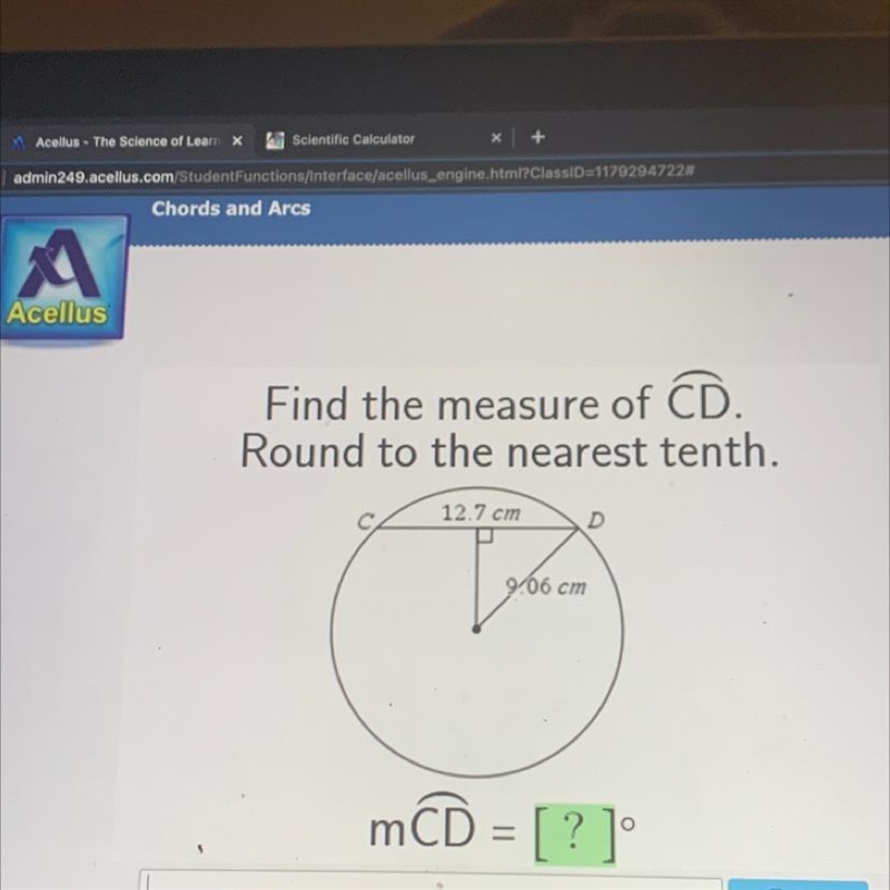 Find the measure of CD. Round to the nearest tenth. mCD=[?]degrees-example-1