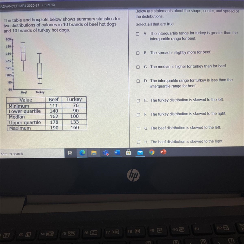 The table and boxplots below shows summary statistics for two distributions of calories-example-1