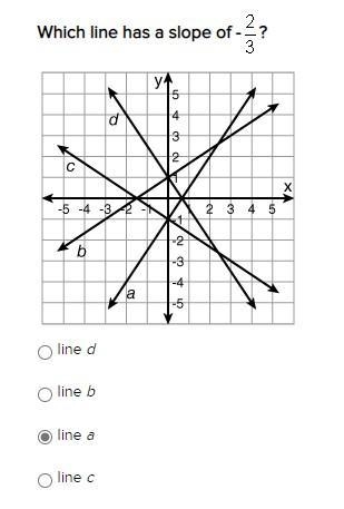 Plzz help me asap i need help picture below Which line has a slope of -? line d line-example-1