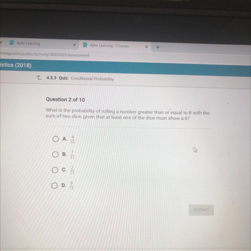 What is the probability of rolling a number greater than or equal to 8 with the sum-example-1