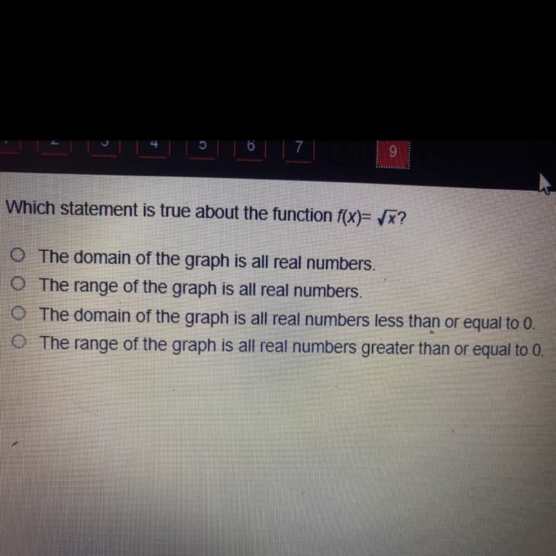 Which statement is true about the function f(x)= sqrt of x?-example-1