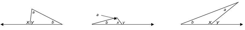 Three triangles are shown. x represents the measure of an angle, y represents the-example-1