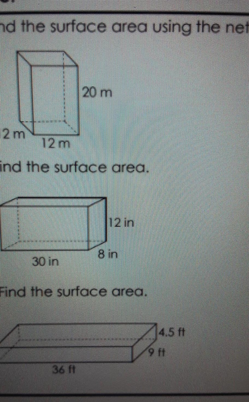 1. Find the surface area using the net 20 m 12 m 12 m 2. Find the surface area.​-example-1