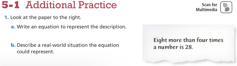 Look at the paper to the right. a. Write an equation to represent the description-example-1