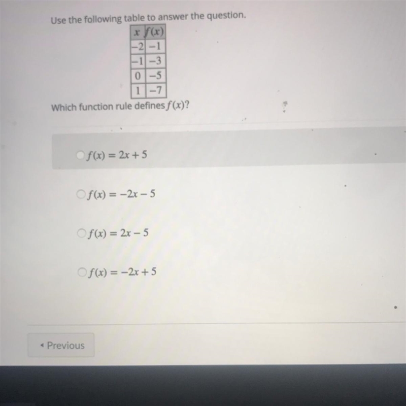 R f(x) --2-1 -11-3 0-5 1-7 Which function rule defines f(x)?-example-1