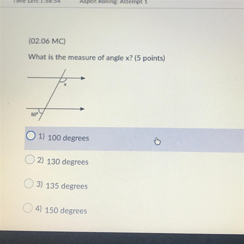 What is the measure of angle x? (5 points) Х 50°-example-1