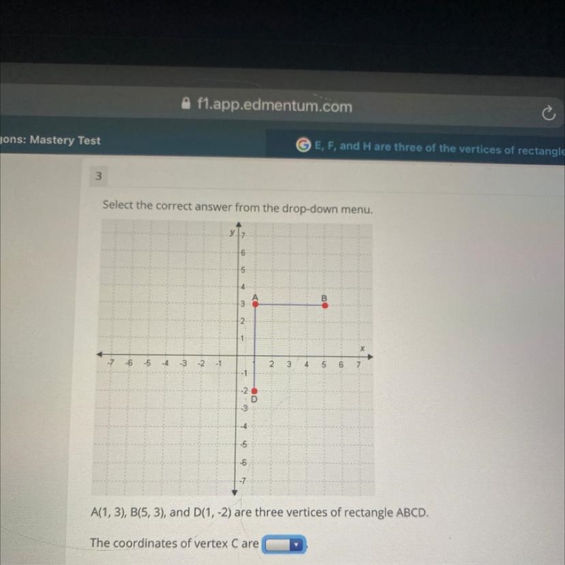 3 Select the correct answer from the drop-down menu. 4 А B 2 1 2 -6 -5 -3 -2 -4 -1 2 3 4 5 6 7 -2. D-example-1