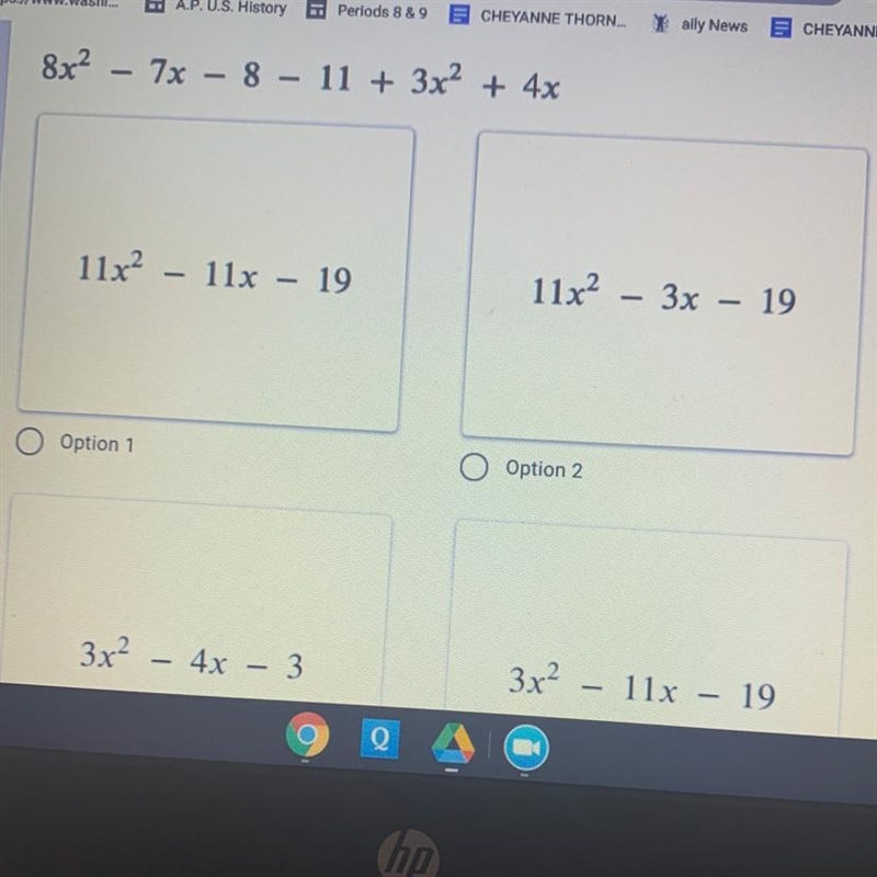 Simplify the following Expression by combining like terms: * 8x2 - 7x – 8 - 11 + 3x-example-1