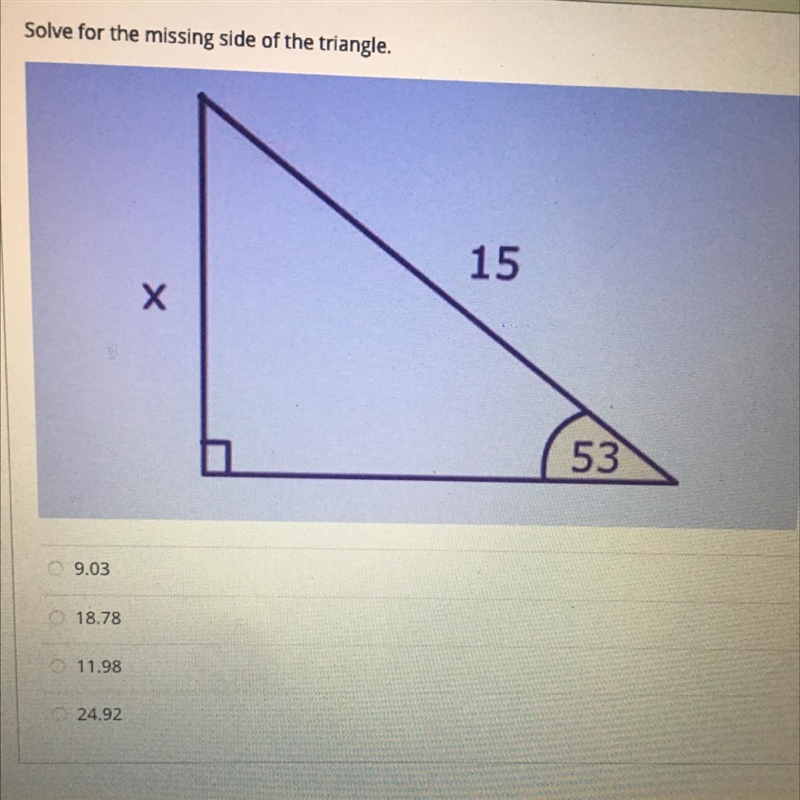 Solve for the missing side of the triangle-example-1