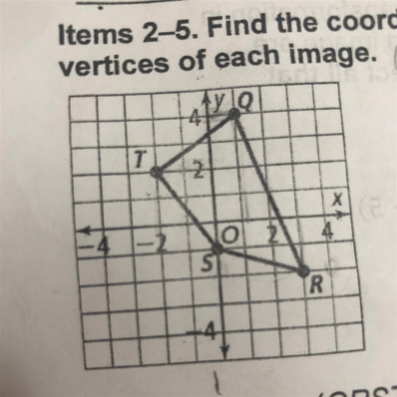 Find the coordinates of the vertices of each image 2. T(-1,2) Rx-axis (QRST) 3.Ry-example-1