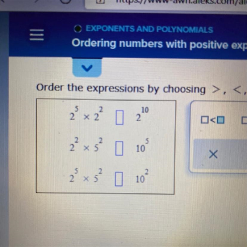 Order the expressions by choosing >,<, or =-example-1