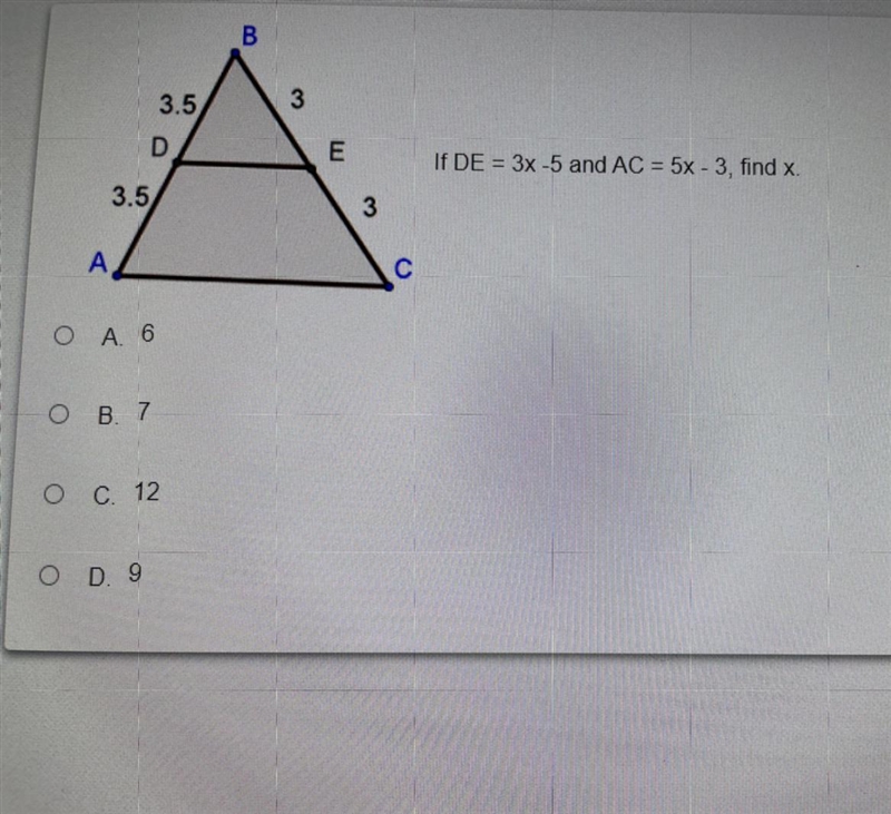 If DE = 3x-5 and AC = 5x-3, find x.-example-1