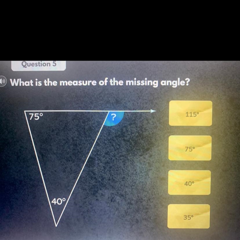 What is the measure of the missing angle?-example-1