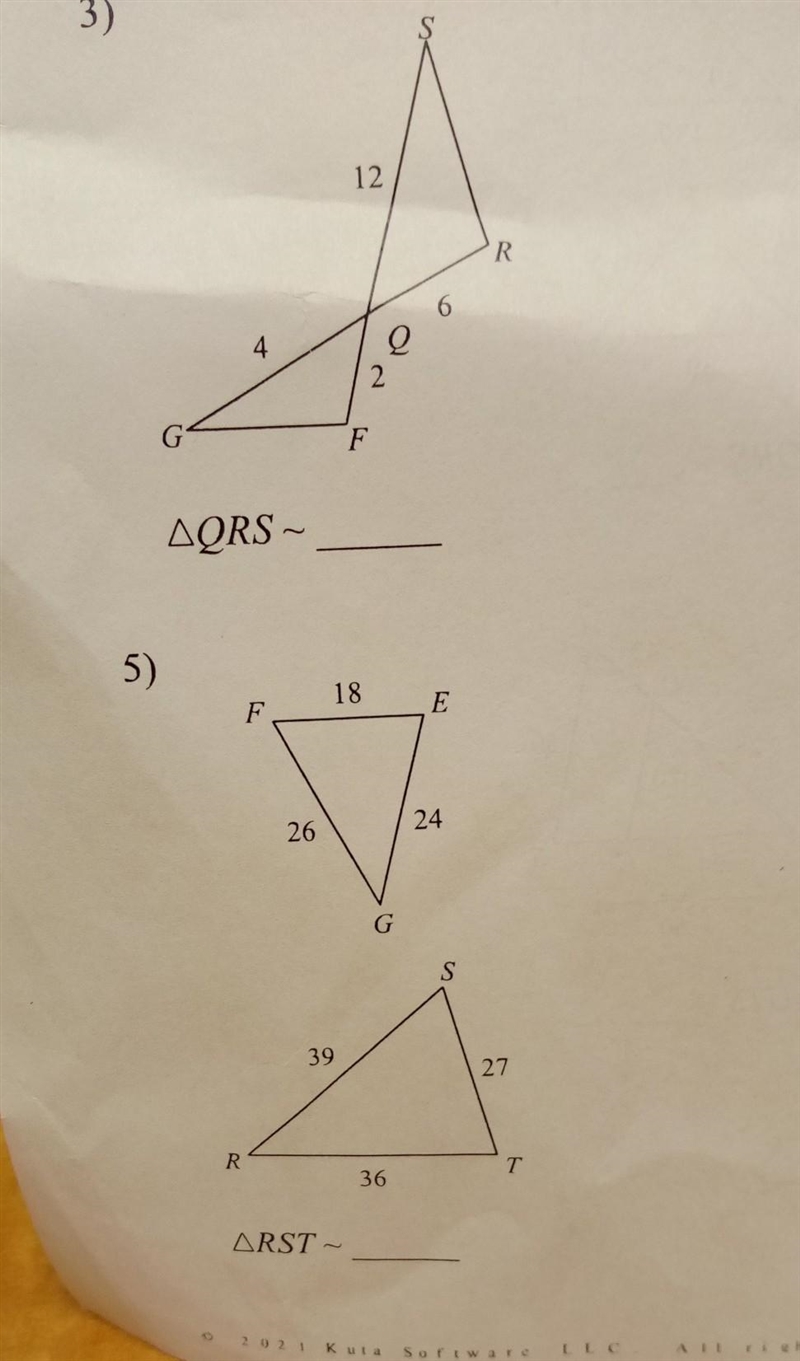 Use side ratios to determine if the triangles in each pair are similar. If so, complete-example-1