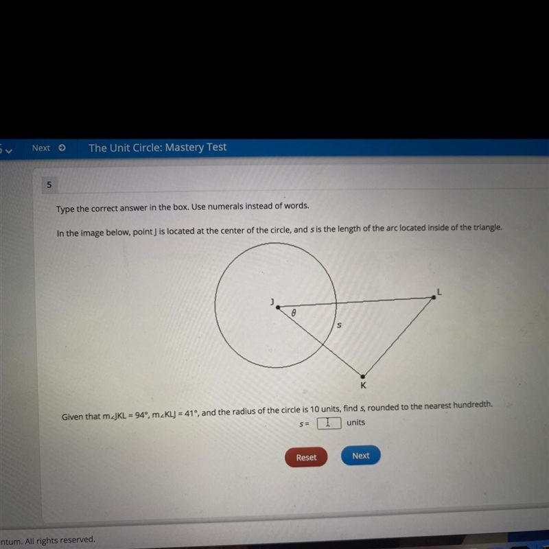 K Given that m_JKL = 94º, m_KL) = 41°, and the radius of the circle is 10 units, find-example-1