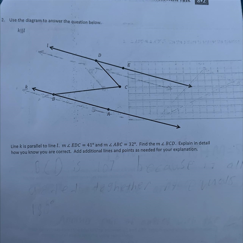 = Line k is parallel to line l. mZ EDC = 41° and m 2 ABC = 32°. Find the m2 BCD. Explain-example-1