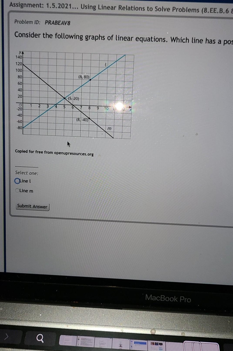 Consider the following graphs of linear equations. which line has a positive slope-example-1