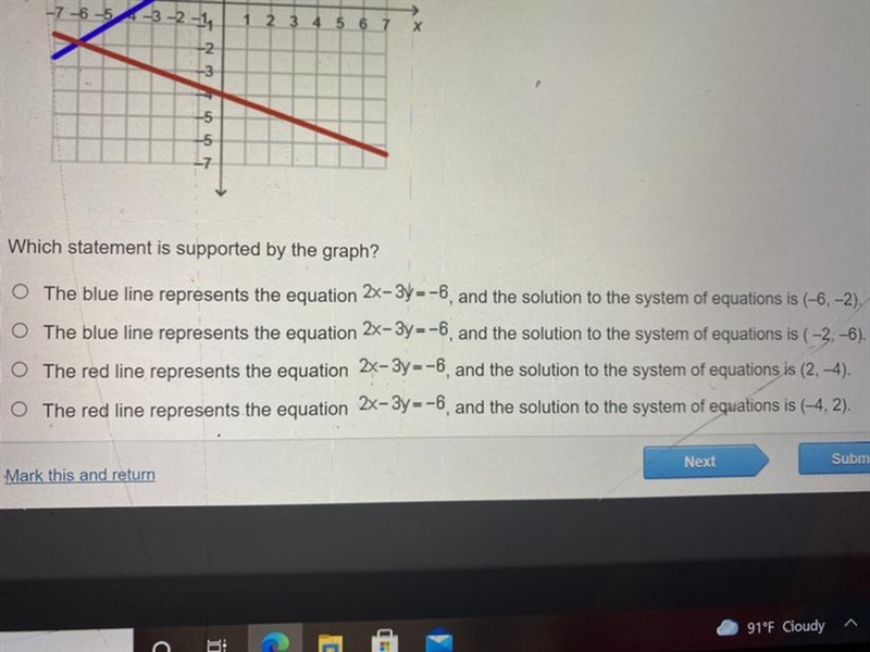 Help. The graph shows the system of equations below. 2x -3y = -6 y = - 1/3x -4-example-1