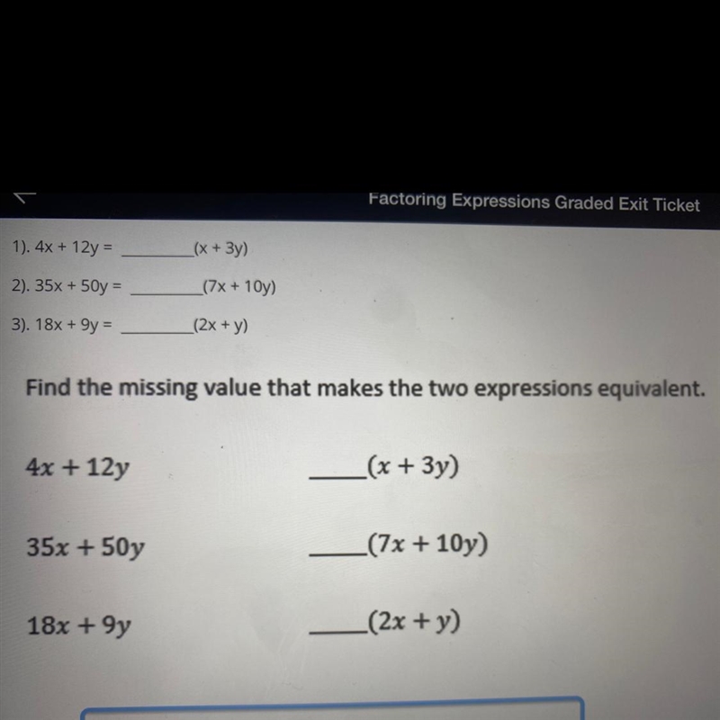 Really need help . Find the missing value that makes the two expressions equivalent-example-1