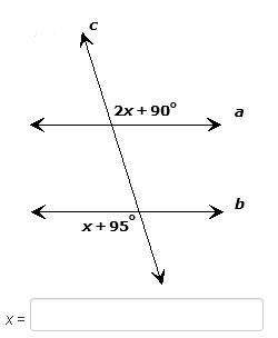 Use the angle relationship in the figure below to solve for x. Assume that lines a-example-1