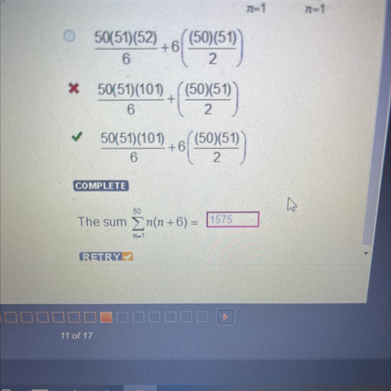 COMPLETE h 50 The sum n(n+6) = + 1575 RETRY-example-1