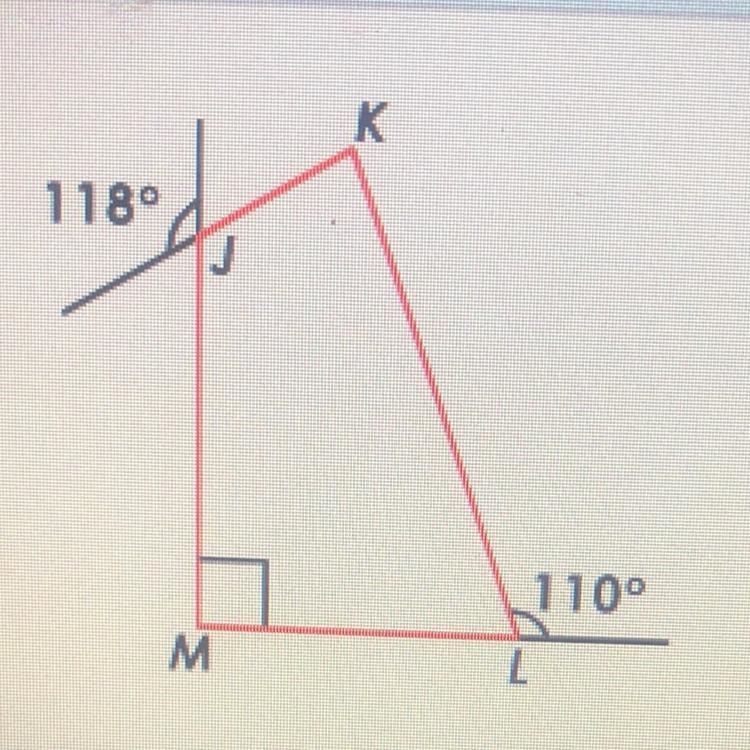 The sum of the measures of the angles of a quadrilateral is 360°. Quadrilateral JKLM-example-1