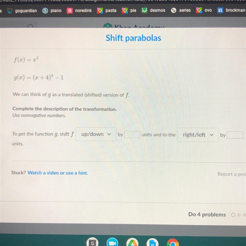 Shift parabolas f(2)=z² g(x) = (x+4)^2 - 1 We can think of g as a translated (shifted-example-1