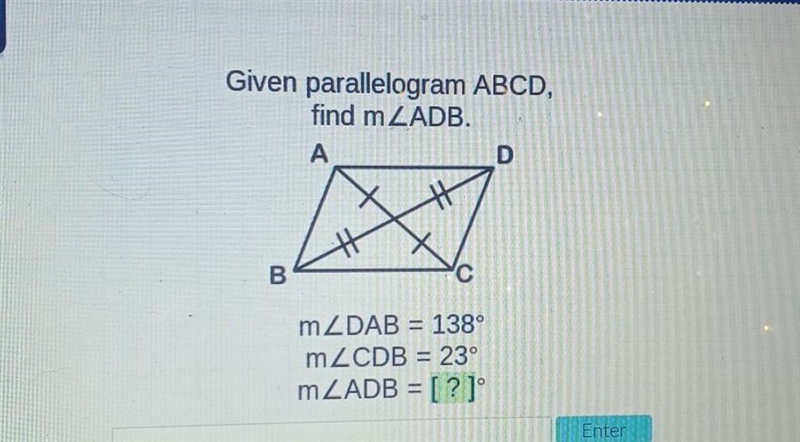 Pleas help given parallelogram ABCD find m<ADB​-example-1