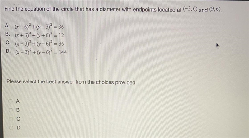 Find the equation of the circle that has a diameter with endpoints located at (-3,6) and-example-1