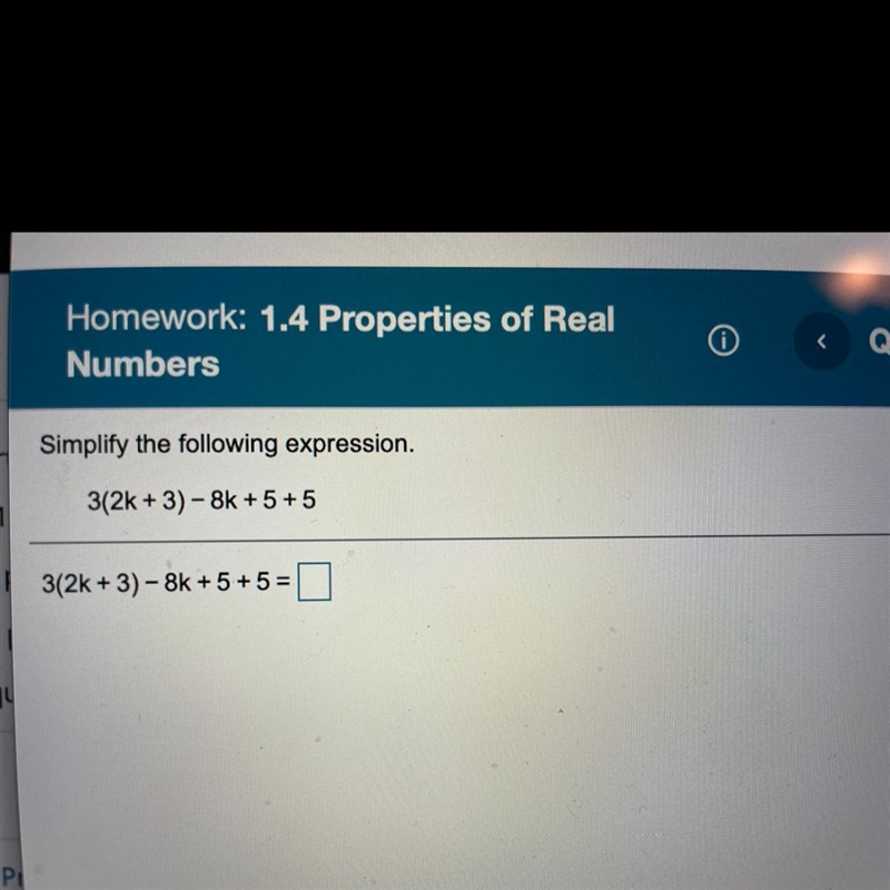 Simplify the following expression. 3(2k + 3) -8k + 5 + 5-example-1