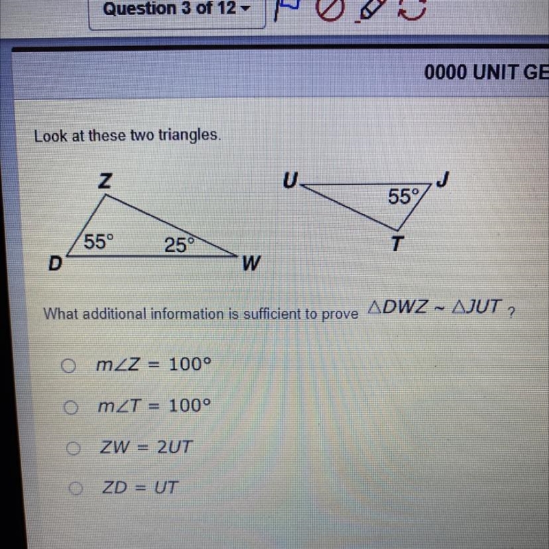 Look at these two triangles. 55 55° 25° What additional information is sufficient-example-1