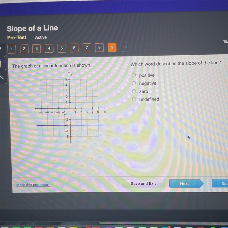 The graph of a linear function is shown. Which word describes the slope of the line-example-1