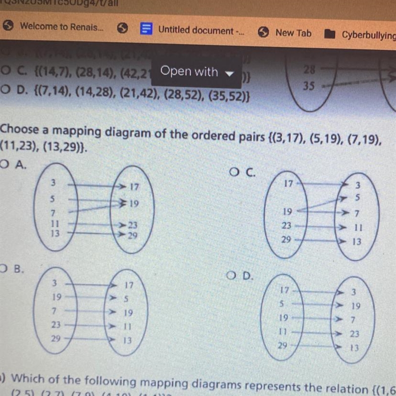 2. Choose a mapping diagram of the ordered pairs {(3,17), (5,19), (7,19), (11,23), (13,29)). Please-example-1