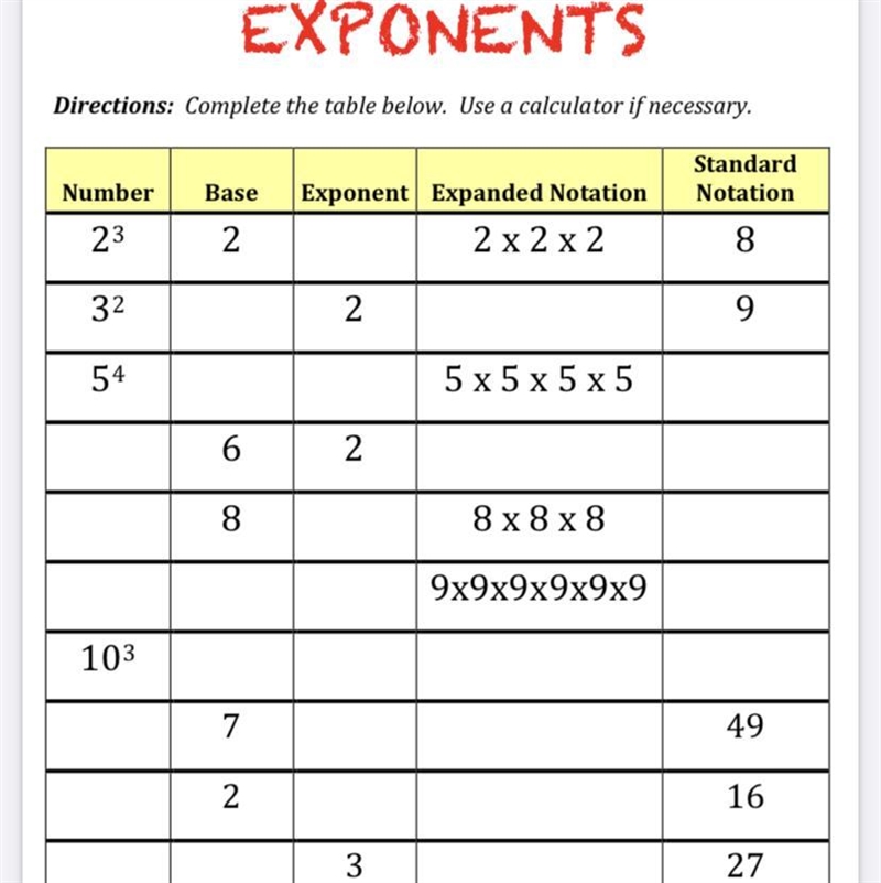 Complete the exponent chart-example-1