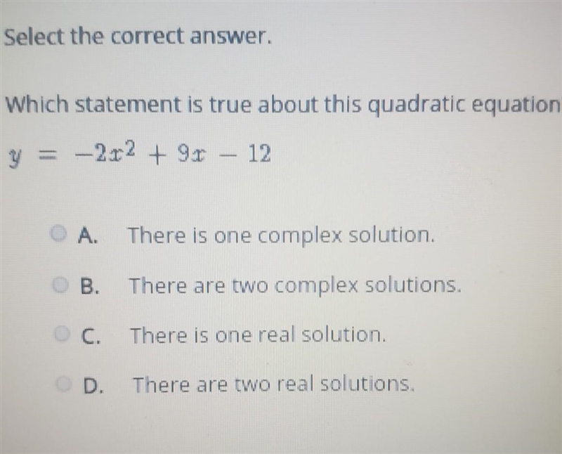 Select the correct answer. Which statement is true about this quadratic equation? y-example-1